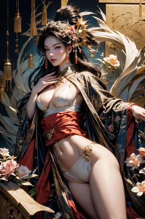 Umalinda warrior sexy, pretty face, Delicious Company, Alluring figure, Wearing a sexy open kimono. The artwork is created in a medium reminiscent of Japanese ink paintings....., 具有大胆的笔触和Monochromatic color palette. artist&#39;Masterful technique reveals t...