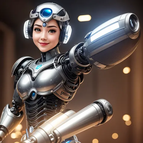 A charming AI robot with expressive eyes and rounded edgeetallic sheen:1.1), (detailed wiring:1.3), intricately designed body parts, HDR lighting that accentuates every curve and line, displaying a cute smile andplayful demeanor, exhibiting subtle, hyperde...