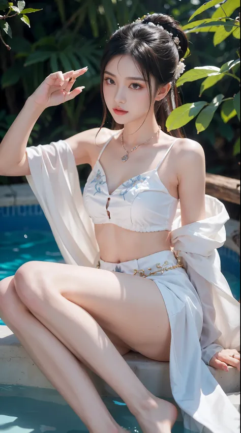 best picture quality，extremely high resolution，Very detailed，stunning girl，sitting in the pool，long eyelashes，big eyes，shining eyes，lying silkworm，plump lips，small nose，a happy expression，Sweet，Exquisite makeup，full-body shot，snow white skin，slim figure，ta...