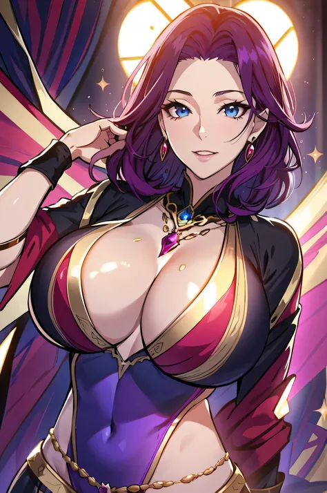 Lian, magenta hair, hair stick, bangs, blue eyes, solo, smiling, standing, upper body, hips, bare shoulders,purple thighhighs, black dress, gold jewelry,armor,gloves,circlet, cleavage, red and gold royal castle, gigantic breasts, (best quality, masterpiece...