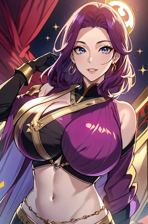 Lian, magenta hair, hair stick, bangs, blue eyes, solo, smiling, standing, upper body, hips, bare shoulders,purple thighhighs, black dress, gold jewelry,armor,gloves,circlet, cleavage, red and gold royal castle, gigantic breasts, (best quality, masterpiece...