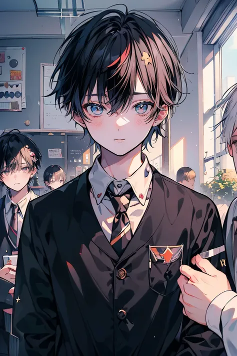 (muste piece), (best quality), very detailed, (((Two friendly high school boys:1.5))), perfect face, beautiful face, very detailed face，(black haired man:1.3)，(white haired man:1.3)，School，classroom，student uniform，tie，shirt