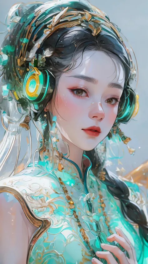 Tang suit，Chinese Hanfu，face close-up，a image of a woman wearing colorful robot tech, in the style of free-flowing surrealism, shiny/glossy, precise and lifelike, hard surface modeling, precisionist lines, light silver and azure, engineering/construction a...