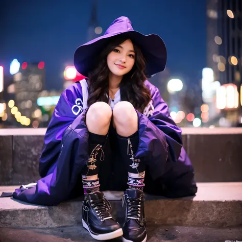 Create an illustration of a 20-year-old natural and beautiful girl sitting on top of the social media logo "Facebook", curly long hair with feminine curves, wearing a casual short dress, dark purple clothes and black shoes, with witch hat wearing, backgrou...