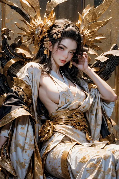 Umalinda warrior sexy, pretty face, Delicious Company, Alluring figure, Wearing a sexy open kimono. The artwork is created in a medium reminiscent of Japanese ink paintings....., 具有大胆的笔触和Monochromatic color palette. artist&#39;Masterful technique reveals t...