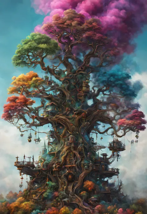 fantasy art tree of life, Colorful smoke, Crazy details, Steampunk details, intricate details, super detailed,