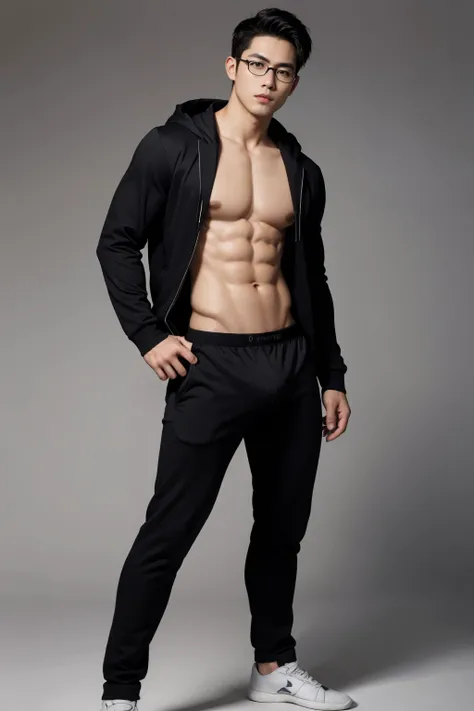 Handsome Asian boy, oval face, eyeglasses, neat muscular, hoodie jacket, black thong with big bulge, showing abs, full body shot 