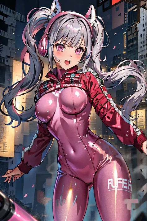 1 girl, animal ear headphones, animal ears, teeth, teeth focus, bangs, blush, body suit, chest, fake animal ears, from behind, gloves, gray hair, headphones, Jacket, large chest, long hair, long sleeve, looking at the viewer, think back, open your mouth, p...