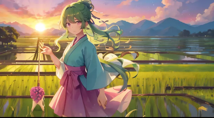 One girl, with long, wavy rice paddy green hair, stands near the edge of a serene rice paddy, looking away from the camera with a blush on her cheeks. Wearing a traditional Hanbok, a brightly colored Korean dress, she keeps her mouth shut, embarrassed, as ...