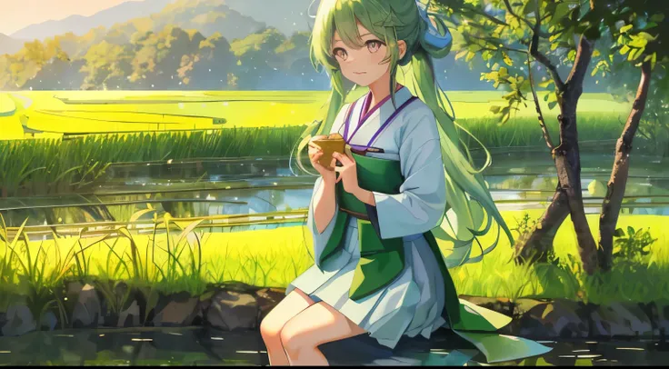 One girl, with long, wavy rice paddy green hair, stands near the edge of a serene rice paddy, looking away from the camera with a blush on her cheeks. Wearing a traditional Hanbok, a brightly colored Korean dress, she keeps her mouth shut, embarrassed, as ...