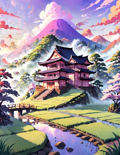 (Surrelasim:1.4), cute anime style, design a captivating image of a (mystical mist) hovering above a lush rice paddy, mesmerizing dawn with hues of orange, pink and purple, (Japanese architecture), cloudy, dreamy, masterpiece in maximum 16K resolution, sup...