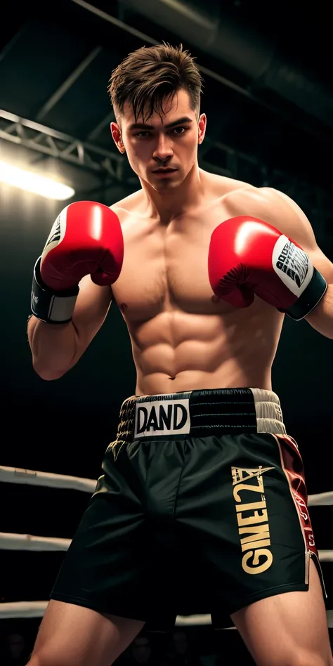 European fighter, en tenue de boxer, sweat à capuche, en garde, position de boxer,  to l&#39;dans un ring d&#39;boxe, ((mince, )), photorealistic, photo, chef-d&#39;artwork, realistic, realism, photorealism, high contrast, photorealistic digital art trendi...