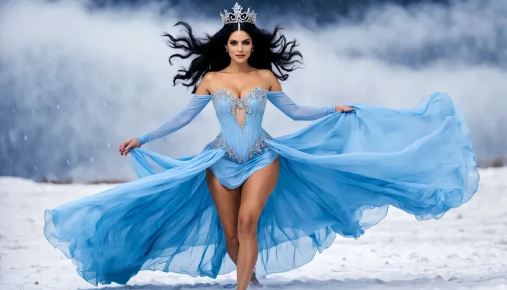 Apollonia Kotero como rainha do gelo, (27 anos), de corpo inteiro), O vestido Preto, The skirt is long to the floor, paisagem de inverno, castelo de gelo ao fundo, noite clara e estrelada, long braided white hair, with a blue tiara on her head, (coroa eyer...