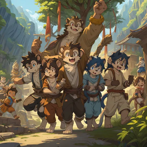 dynamic angle, top quality, best quality, High-quality illustrations, masterpiece, super high resolution, detailed background, detailed background, Monkey A Journey to the West, action, group shot:0.1, 6+boys, 6+girls, absurdres(highly detailed beautiful f...