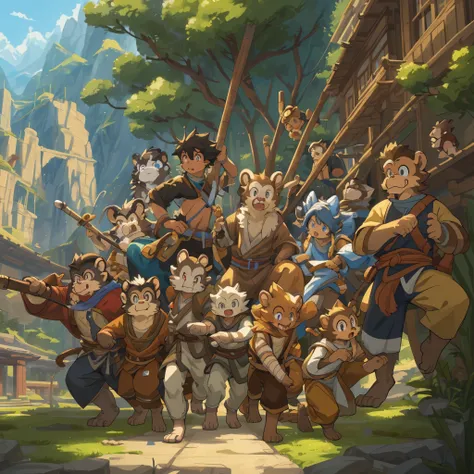 dynamic angle, top quality, best quality, High-quality illustrations, masterpiece, super high resolution, detailed background, detailed background, Monkey A Journey to the West, action, group shot:0.1, 6+boys, 6+girls, absurdres(highly detailed beautiful f...