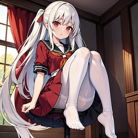 {best quality}, {{masterpiece}}, {highres}foot focus,white_hair/red_eyes,looking at viewer,serafuku,trampling,pantyhose pull,