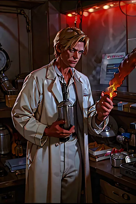 A 2D stylized scientist at a research laboratory holding a flamethrower, 80s retro, blonde male, in a lab coat, dark, horror-themed, adult