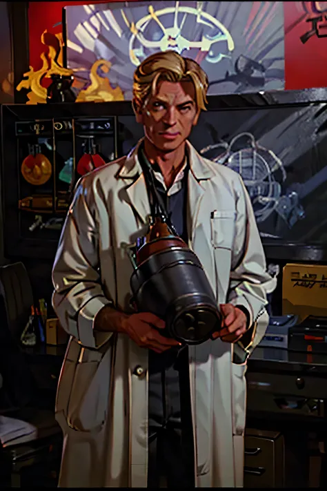 A 2D stylized scientist at a research laboratory holding a flamethrower, 80s movie poster, blonde male, in a lab coat, dark, horror-themed, adult, hand painted (best quality, masterpiece) 