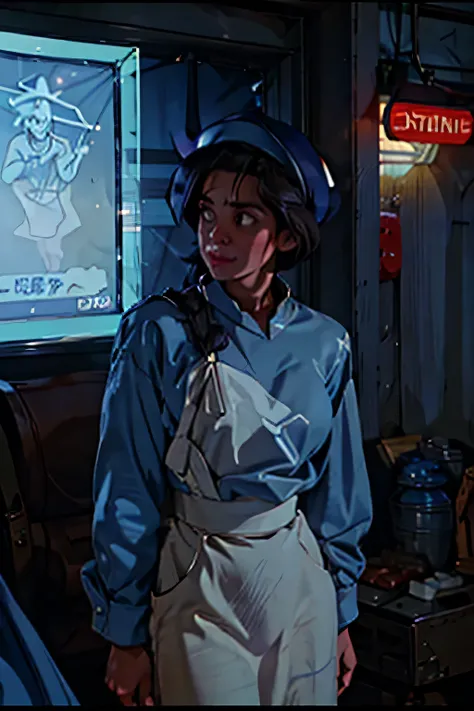 A 2D stylized Janitor at a research laboratory holding in dark blue jeans, dress shirt top white and bottom light blue, wearing a cap, 80s movie poster, dark, horror-themed, adult, hand painted (best quality, masterpiece) neon lights