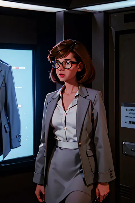 2D stylized image, Business woman at a Science Laboratory, light grey skirt, white dress shirt, grey jacket, brown hair, eyeglasses, 80s movie poster, dark, horror-themed, adult, hand painted (best quality, masterpiece) neon lights