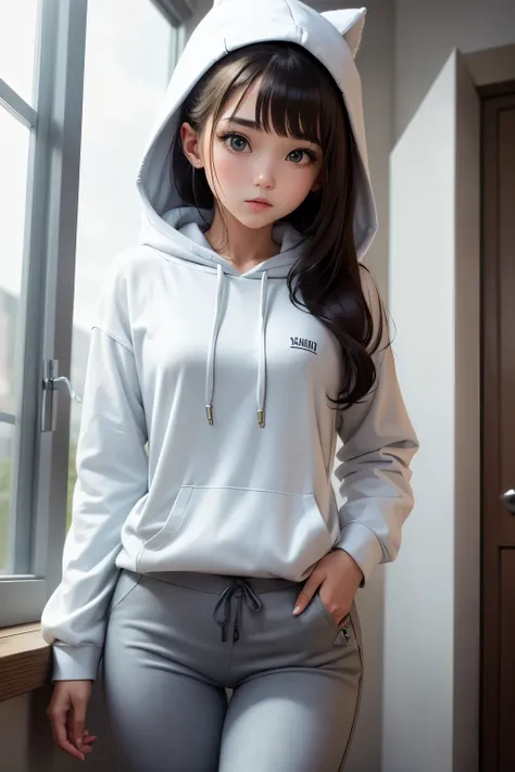 Cute girl, white hoodie, gray pants