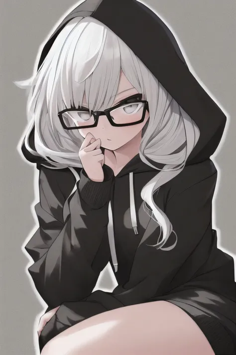 girl wearing a black hoodie, a glasses, black and white style