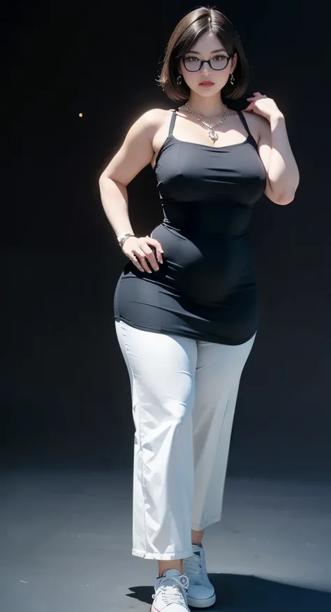 ((best quality)), ((masterpiece)), (detailed), perfect face, chubby woman, chubby face , chubby girl , widest hips , fat belly , thick neck ,, thicc , thick body , thick thighs , thick arm, small breasts but her body is a chubby, full body view, dark-black...