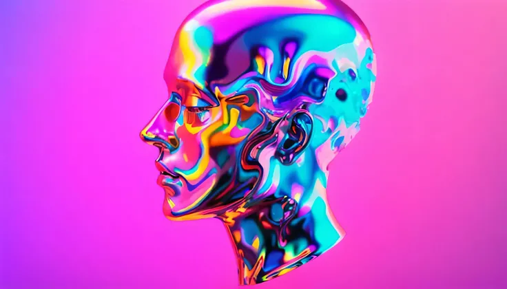 a close up of a metallic head on a pink background, colorful melting human head, holographic design, a human head made of glass, face submerged in colorful oils, holographic effect, cmyk portrait, portrait of metallic face, iridescent digital art, psychede...