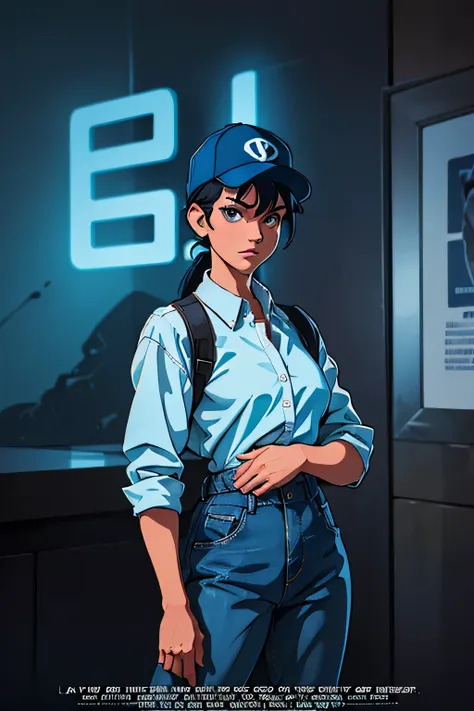 (2D stylized image 1.4), Janitor at a research laboratory holding in dark blue jeans, dress shirt top white and bottom light blue, wearing a cap, 80s movie poster, dark, horror-themed, adult, hand painted (best quality, masterpiece) neon lights