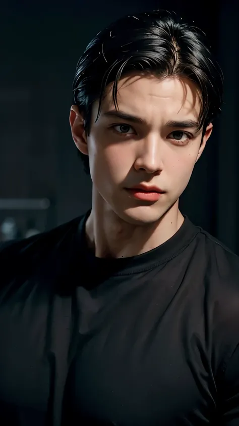 Young Bruce Wayne man black hair, big muscular body, black shirt, in a dark room background closeup face short