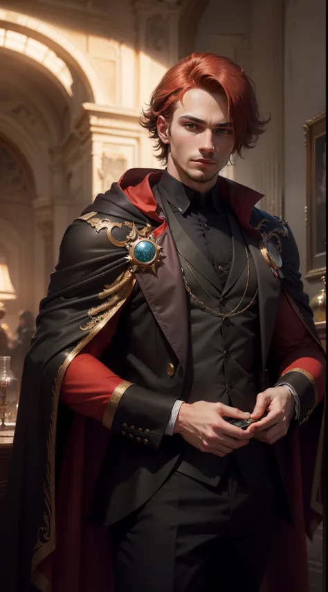 "((photorealism, high quality, detailing)), ((half of the body)) Strong (Sports) Human, male appearance, Majestic magician-alchemist,  Red hair, A European view, modernity, 21st century, Stylish green suit, long black cloak, magical atmosphere".