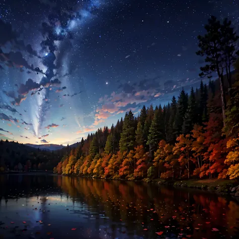 crystal clear lake and colorful trees in the background, night sky photography, (((autumn night))), stars, reflected in the wate...