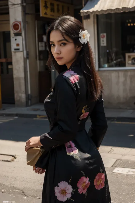 a beautiful girl in vintage colors aodai, masterpiece ,(Dye painting) (Black color dress) wrapped in a lar ge flower print( flower silk ... with) best quality, re alistic:1.3, street, cyberpunk, holding bundle of adu bon sunlight, backlighting, (well pper ...