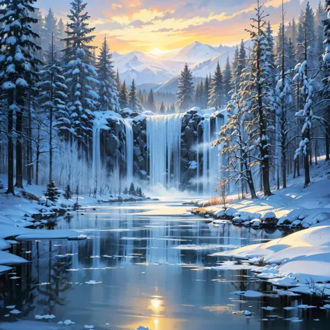 winter lake, ice-covered, high waterfall, ice waterfall, crystal trees, fine drawing, beautiful landscape, snow graphics, lots o...