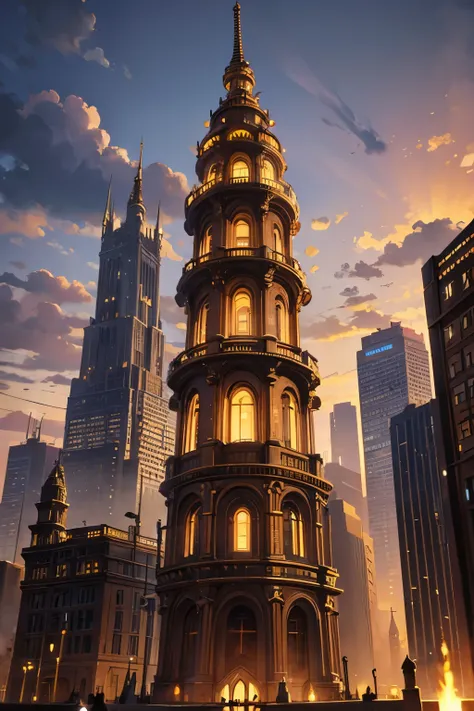 steampunk towers in a city