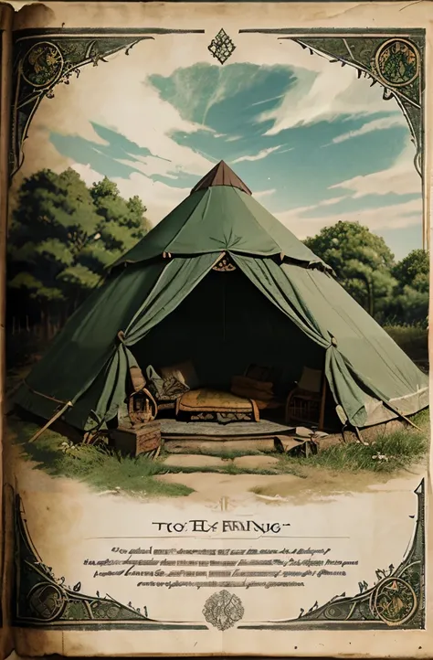 Generate a open old book in a lord of the rings style with medieval tent illustrations in a lord of the rings style. vintage colors