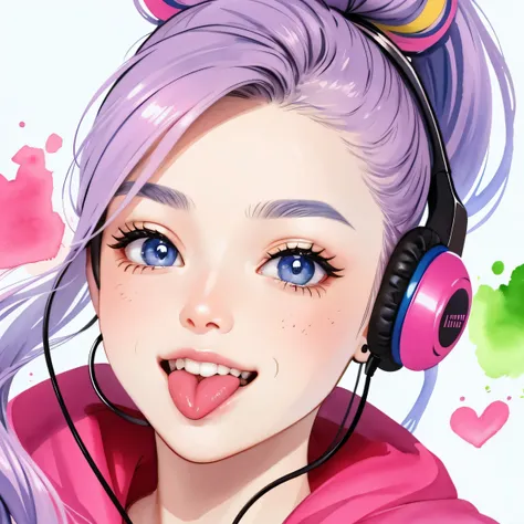 close up of face、colorful、inflate gum、headphones、watercolor、ponytail、stick out tongue、smile