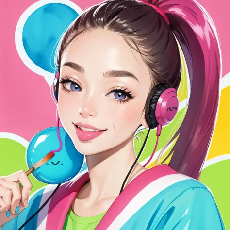 close up of face、colorful、inflate gum、headphones、watercolor、ponytail、stick out tongue、smile