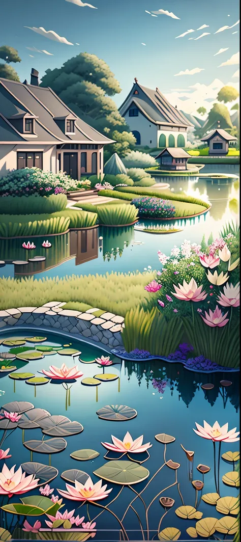 Painted pond with lotus leaves and house in the background, Ross Tran. landscape background, Detailed Landscape—Width 672, anime rural scenery, Detailed digital painting, photorealistic scenery, background artwork, environmental design illustration, landsc...