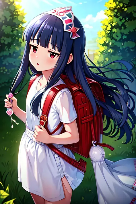 , yukimi, 10., long hair, dull bangs, flat chest, No expression, shy, whole body, highest quality, wearing burmese navy, short sleeve (White gym uniform with colored hems:1.3), carry (randoseru backpack:1.4), naked足, at the park,(Put a semen-filled condom ...
