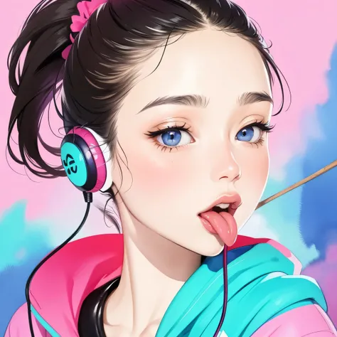 close up of face、colorful、inflate gum、headphones、watercolor、ponytail、stick out tongue