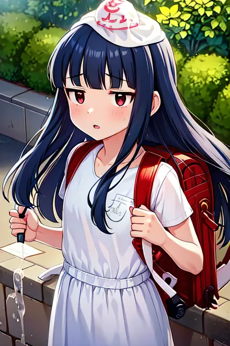 , yukimi, 10., long hair, dull bangs, flat chest, No expression, shy, whole body, highest quality, wearing burmese navy, short sleeve (White gym uniform with colored hems:1.3), carry (randoseru backpack:1.4), naked足, at the park,(Please put the semen-fille...