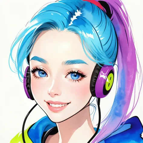 close up of face、colorful、headphones、watercolor、ponytail、smile