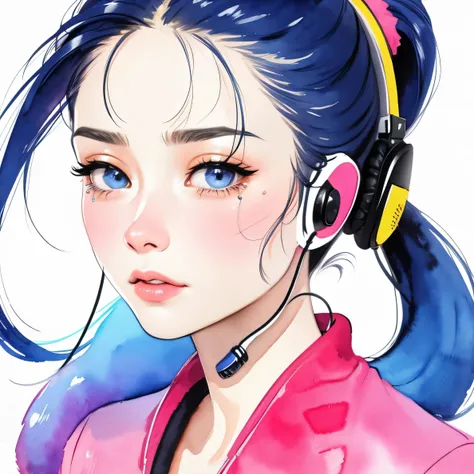 close up of face、colorful、headphones、watercolor、ponytail、cry