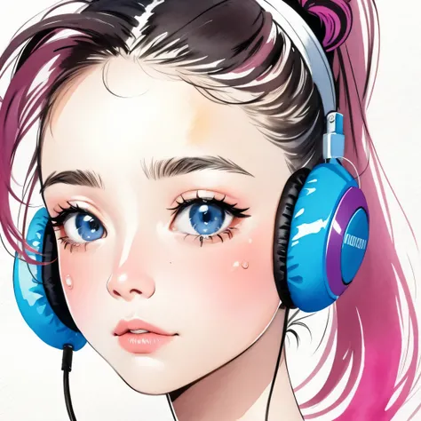 close up of face、colorful、headphones、watercolor、ponytail、cry、10 years old