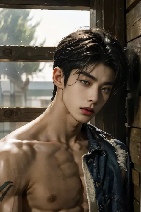 masterpiece, best quality, handsome Asian mixed 19 year old, fair skin male, shoulder length dark hair, perfect face, chest out, slender, masculine, tattoos