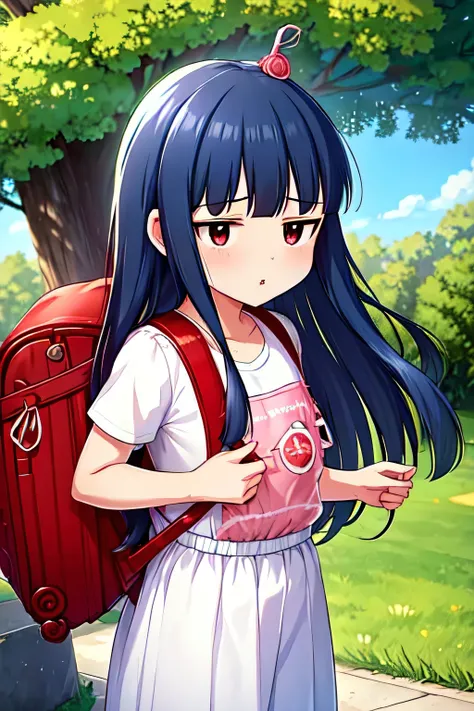 , yukimi, 10., long hair, dull bangs, flat chest, No expression, shy, whole body, highest quality, wearing burmese navy, short sleeve (White gym uniform with colored hems:1.3), carry (randoseru backpack:1.4), naked足, at the park,(put a used condom on your ...
