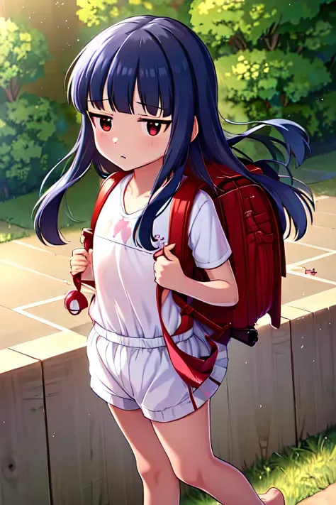 , yukimi, 10., long hair, dull bangs, flat chest, No expression, shy, whole body, highest quality, wearing burmese navy, short sleeve (White gym uniform with colored hems:1.3), carry (randoseru backpack:1.4), barefoot, at the park,put a condom on your head