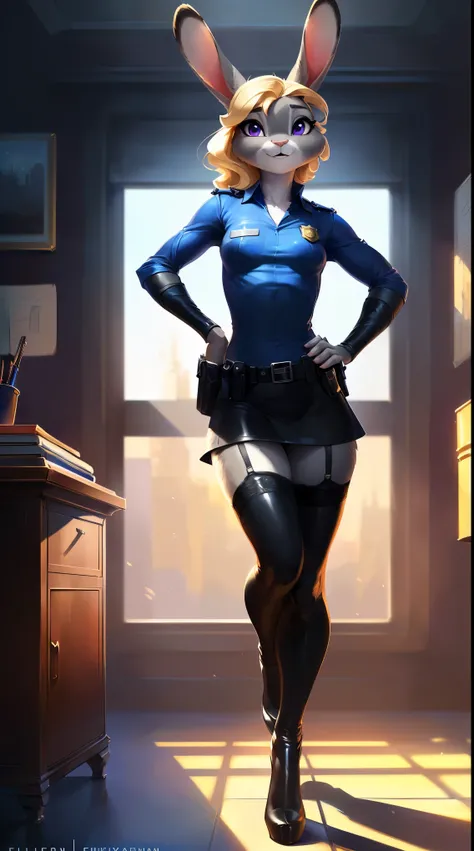 uploaded on e621, by fluff-kevlar, by Pixelsketcher, by Bayard Wu, by Thomas Benjamin Kennington, by Einshelm, solo anthro, ((Portrait)), ((JudyHopps, (police uniform, blue shirt, leather black skirt), short black side haircut, see-through black stockings,...