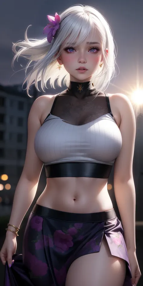 realistic, 1girl, white hair, purple eyes, glowing eyes, crop top, skirt, parted lips, blush, night, flowers, sun, sunlight,hot, big 